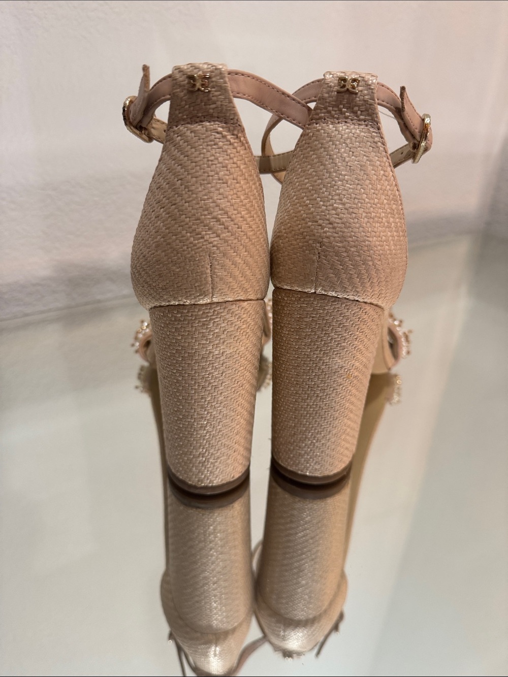 Sam Edelman Pearl-Embellished Ankle-Strap Block Heels in Blush - Picture 2 of 3